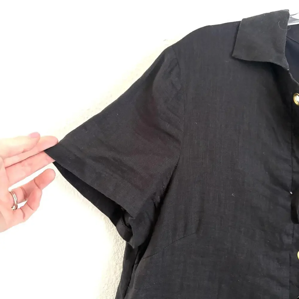 Cremieux | Women’s 100% Linen Short Sleeve Black Midi Dress Gold Grommets Size L - Picture 2 of 9